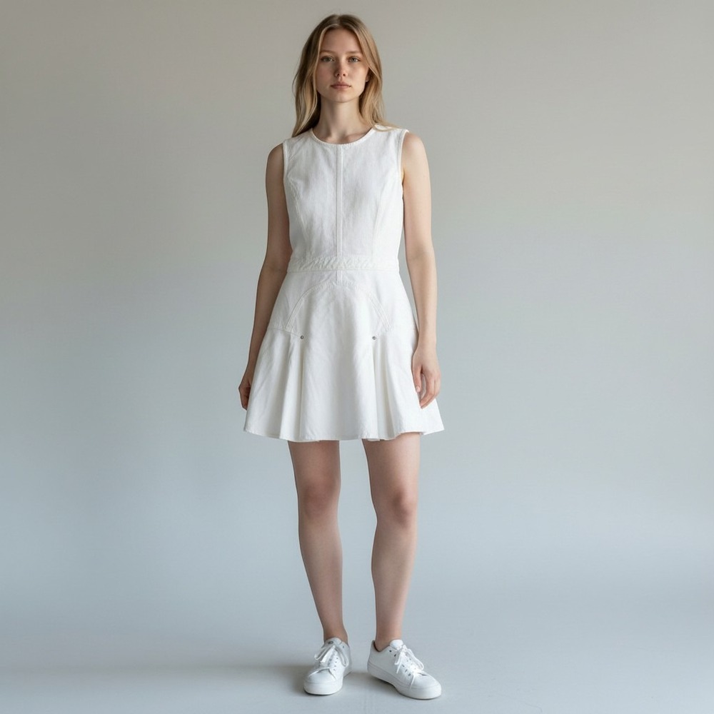 7 For All Mankind White Denim Dress S Flounce Hem Corset Seamed Mini Y2k